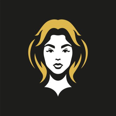 Genç sarışın kadın portresi altın saçlı minimalist siluet logo taşıyıcı düz resimle karşılaşıyor. Makyaj sanatçıları için güzel kadın moda ikonu cilt bakımı markası kozmetolog stilisti