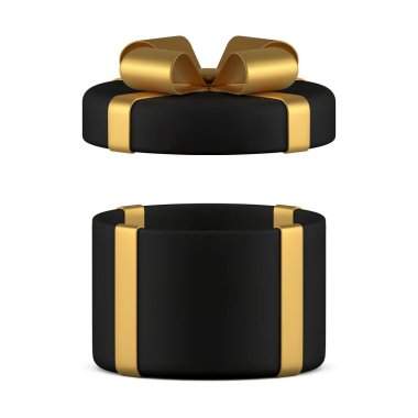 Siyah hediye kutusunu aç. Altın yay kurdelesi sunar. Şaşırtıcı 3D gerçekçi vektör çizimi. Kutlama silindiri kapalı doğum günü dekorasyonu için tebrik kartı kutusu.