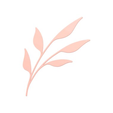 Yaprakları olan pembe ağaç dalı, ahşap saplı, doğal bitki desenli, zarif 3d simge, gerçekçi vektör illüstrasyonu. Yaprak bitkisel çiçekli romantik ot bitkisel sanat dekoratif tasarımı