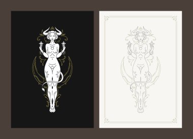 Boğa burcu Zodiac kadın antika tanrıça çizgisi sanat deco poster tasarımı vektör çizimi. Kadın boynuzlu boğa karakteri göksel esrarengiz mitoloji takımyıldızı moda sanat elementi