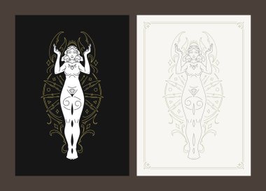 Kanser tanrıçası mitoloji zodiac sembolü Art deco poster tasarımı vektör çizimi. Dişi kerevit mitolojisi astroloji yıldız falı ezoterik karakter antika çerçeve zarif sanat süsü