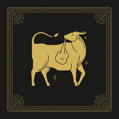 Taurus Zodiac mitolojisi, antik astroloji, ay takvimi, sanat deco vintage kart tasarımı, vektör çizimi. Astrolojik yıldız falı boynuzlu boğa mitolojisi karakteri. Gelecekteki kehanetler antik süsler.