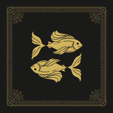 Balık burcunun astrolojisi gelecek tahminleri mitoloji çizgisi sanat deco vintage kart illüstrasyonu. Astrolojik altın sembol, ay takvimi, esrarengiz servet, antika dekoru.