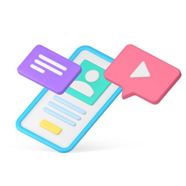 Smartphone multimedya uygulama kullanıcı hesabı küresel medya servisi izometrik 3d ikon gerçekçi vektör illüstrasyonu. Cep telefonu dijital uygulama sosyal ağ yazılım iletişim teknolojisi rozeti