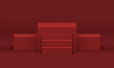 3d podyum kırmızı üç küp temel inşaat yarışması kutlama ödülü alan gerçekçi vektör illüstrasyonu. Pedestal temel merdiven manzaralı en iyi yer başarı platformu