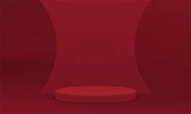 3d kırmızı podyum silindir platform eğimli duvar olay seremonisi gerçekçi vektör illüstrasyonunu kutluyor. Pedestal temel temel reklam tanıtım vitrini ürün premium sunumu için
