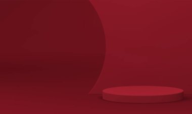 Kırmızı 3d podyum yuvarlak platform ödüllü arena kıvrımlı duvar yapımı ürün sunumu gerçekçi vektör illüstrasyonu için. Pedestal vakfı perakende satış ürünleri asgari dekor tasarımı