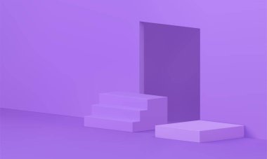 3D showroom tasarımı merdiven kaidesi kaidesi sahne kapısı girişi gerçekçi vektör illüstrasyonu. Podyum Reklam Odası Ödül Töreni İnşaat Sergisi