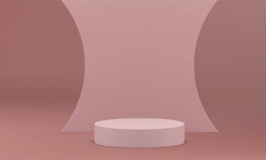 3D yuvarlak podyum platformu kıvrımlı duvar bej sahne sahne olay konseri gerçekçi vektör illüstrasyonu. Temel temel temel dayanak silindiri geometrik şekil perakende ürün tasarımı