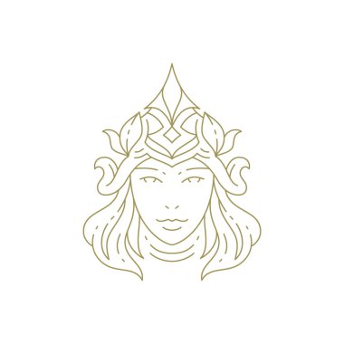 Sihirli kadın tanrıça portresi soyut çiçek başlığı en az çizgi güzellik logosu illüstrasyonu. Moda kozmetolojisi kaplıca salonu için Mystic Fantezi Kadın Face t-shirt baskı ikonu