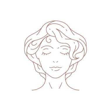 Güzel romantik kadın portresi, mükemmel cilt kılları güzellik salonu vektör çizimi için minimal çizgi logosu. Zarif nazik kadın kozmetik kozmetik makyaj sanatçısı baş simgesiyle karşı karşıya.