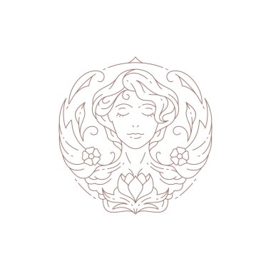 Nilüfer çiçeği çiçeği süslemeli sihirli güzel kadın portresi logo çizimi illüstrasyonu. Kutsal mistik rüya kadın cilt bakımı salonu için doğal güzellik ikonu ile yüzleş rahatla spa meditasyonu