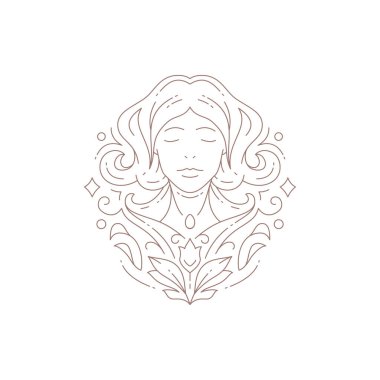 Çiçek desenli esrarengiz kadın portresi. Minimum çizgi logo çizimi. Zarif mistik kadın yüz çiçek ikonu tişört baskısı sağlık spa merkezi