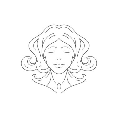 Zarif rüya kadın portresi kıvrımlı saç çizgisi logosu güzellik salonu vektör illüstrasyonu için. Romantik kadın kuaför kozmetik makyaj sanatçısı için moda ikonu.