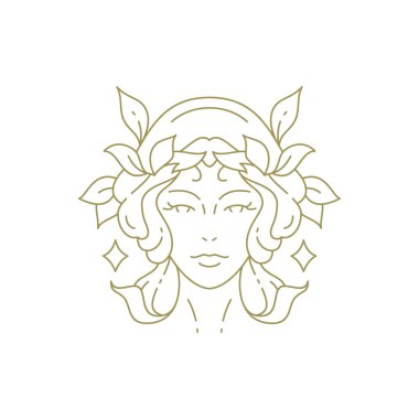 Güzel, genç bir kadın portresi, çiçek desenli, saç stili, logo çizimi çizimi için minimuma iniyor. Zarif kadın yüzü gür doğal yaprak dekor ikonu tişört baskısı kozmetoloji makyaj sanatçısı