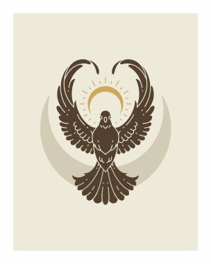 Esrarengiz ruhani uçan güvercin açık kanatları ve mistik parlak yarım ay klasik poster düz çizimi. Sihirli güvercin gökyüzü kuşu kutsal okült bohem tişört baskı duvar süslemesi