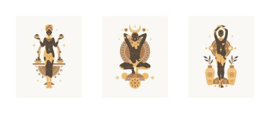 Sihirli Afrikalı kadın tanrıça ruhani ezoterik uyum ritüel dengesi poster düz vektör çizimi. Efsanevi Afro kadın etnik boho semavi ay ışığı vazo kabı içinde bereketli bitki.