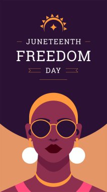 Haziran 'ın özgürlük günü sosyal medya afişi güçlü Afrikalı kadın portresi düz çizim. Afro moda kadın cesur feminist gururlu internet paylaşımıyla karşı karşıya.