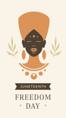 Kabile Afrikalı etnik kadın portresi Juneteenth Özgürlük Günü sosyal medya poster düz illüstrasyon. Mücevherdeki Afro yerli kadın yüzü güçlü feminist baş egzotik siluet reklamı