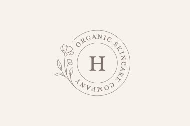 Tomurcuklu ve yapraklı zarif çayır çiçeği çember çerçeve logo tasarımı şablon çizimi illüstrasyonu. Romantik çiçek açan doğal bitki amblemi ekoloji cilt bakımı kozmetik güzellik kozmetolojisi