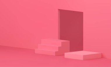 3D podyum sergisi pembe sergi geometrik temel ürün reklamcılığı için gerçekçi vektör illüstrasyonu. Yaya görüntüleme mimarisi stüdyo ürün sunumu