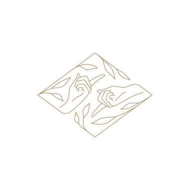 İnsan eli, doğal dalları işaret eder. Botanik yapraklar kare kare çerçeve çizgisi ikon vektör çizimi. Avuç içi işaret parmağı zarif organik cilt bakımı minimalist amblem dekoratif tasarım izole