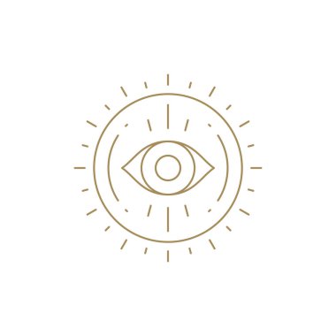 Işınlar ve tüm gören göz mitolojisi optik görüş uzmanlığı çizgisi sanat ikonu çizimi resimli esrarengiz parlak güneş. Okültizm sihirli doğa organik yaşam denge tasarımı
