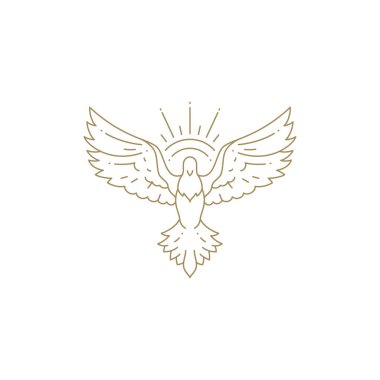 Açık kanatlı minimalist uçan güvercin, güneş ışığı ışınlarıyla sanat simgesi çizimi çiziyor. Tek renkli uçuş özgürlüğün sembolü vahşi kuş yaşam dengesi. Zarif karşılama güvercini