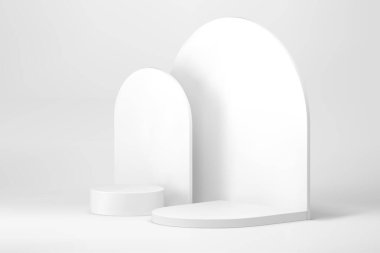 Beyaz 3d kıvrımlı podyum yarı daire kaidesi çarpım çizimi için duvar arkaplanı ile. Gerçekçi sergi salonu içi boş geometrik ekran ticari reklam tanıtım vitrini