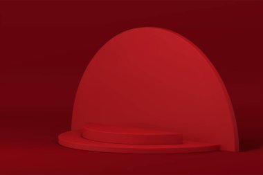 Kırmızı moda 3d podyum kıvrımlı basamak kaidesi boş ticari vitrin gerçekçi vektör illüstrasyonu. Ürün sunumu için modern geometrik gösteri yarım daire reklam stüdyosu arka planı
