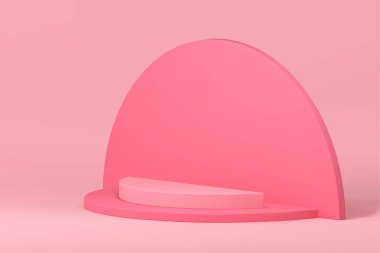 Pembe zarif 3d podyum yarı daire basamak kaidesi feminen ürün sunumu gerçekçi vektör illüstrasyonu için. Güzellik kozmetik gösterisi için eğri duvar arkaplanı olan modern geometrik boş vitrin