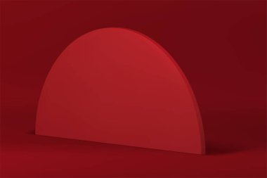 Ürün moda sunumu için kırmızı 3d eğimli duvar geometrik dikey platformu gerçekçi vektör illüstrasyonu. Ticari gösteri için modern minimalist yarı daire dekoratif element stüdyo arka planı