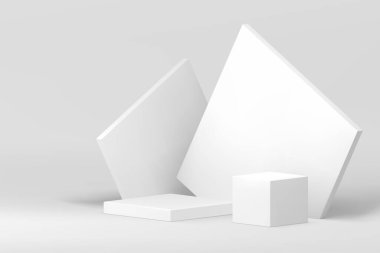 Beyaz 3d geometrik podyum kaidesi kozmetik ürün sunum vektörü illüstrasyonu için modellendi. Ticari tanıtım için açısal duvar arkaplanı olan gerçekçi nötr vitrin kare platform