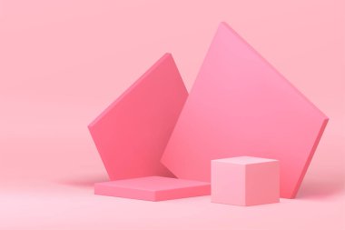 Pembe 3d geometrik podyum kaidesel estetik, kozmetik ürün sunum vektörü illüstrasyonu için maket. Soyut duvar arkası kadınsı güzellik tanıtımıyla gerçekçi, zarif kare ekran.