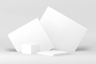 Ürün tanıtım sunumu için beyaz 3d podyum nötr ticari kaidesi gerçekçi vektör illüstrasyonu. Alışveriş fuarı için soyut açısal arkaplan ile Geometrik vitrin kare platform