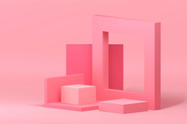 Pembe 3d podyum kadınsı geometrik şekil kaidesi kozmetik ürün gösterimi için maket oluşturur. Gerçekçi gösteri odası kompozisyonu minimalist estetik kare çerçeve duvarı arkaplanı