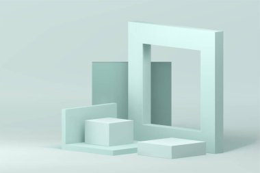 3d geometrik podyum açık yeşil geometrik kaidesi kozmetik ürün gösterimi için modelle. Ticari sunum için kare kare çerçeve arkaplan gösterimi ile gerçekçi pastel gösterimi