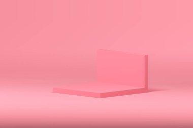 Pembe 3d kare podyum kaidesi ve dikdörtgen duvar arkaplanı ürün tanıtımı için gerçekçi vektör illüstrasyonu. Güzellik kozmetik satış reklamı için zarif kadın modern izometrik vitrin.