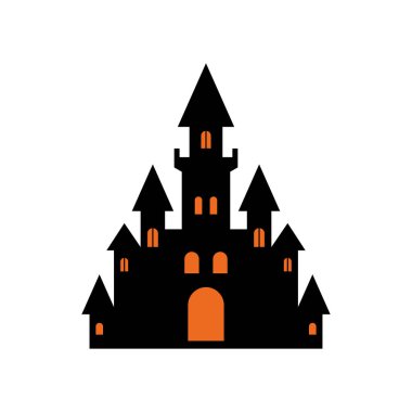 Cadılar Bayramı korku şatosu turuncu ışık pencereli ve ikon vektör düz resimli. Ürkütücü parlayan gizemli antik saray gecesi korkunç siluet şeytani gotik ev ve hayalet Ekim tatili