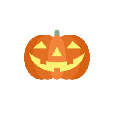 Cadılar Bayramı 'nda parlayan balkabağı oyulmuş turuncu sebzeli ürkütücü gülümseme çocukların ikon vektör düz çizimi. Korkunç yenilebilir bitki sevimli mutlu çizgi film karakteri güz tatili geleneksel sembol pozitif yüz