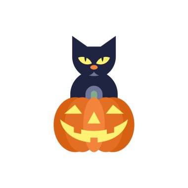 Siyah kedili Cadılar Bayramı balkabağı karakterli sevimli çocuklar ikon vektör düz illüstrasyon. Gülümseyen sonbahar yenilebilir bitkisi korku kedisi evcil hayvan geleneksel Ekim bayramı sembolü komik maskot