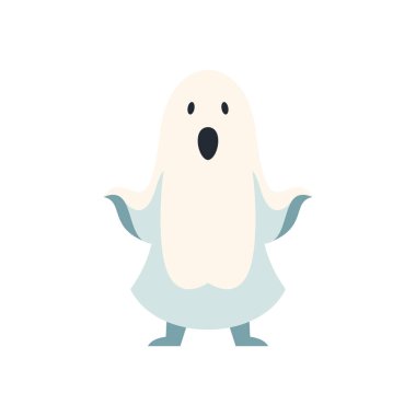 Komik çığlık atan Cadılar Bayramı karakterli ürkütücü çocuklar ikon vektör düz çizim. Şirin, beyaz uçan canavar, tuhaf, çocuksu yaratık sihirli, korkunç, gizemli, elleri ve bacakları olan hayalet.