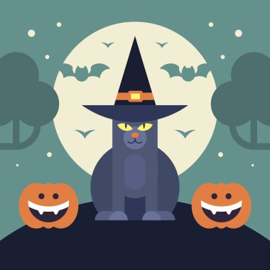 Cadılar Bayramı çocukları tatlı siyah kedi ve balkabağı ay arka plan vektör düz resimli tebrik kartı. Uçan yarasa korkunç ağaçlarının çocuksu tasarımıyla sonbahar geleneksel tatil sosyal medya paylaşımı