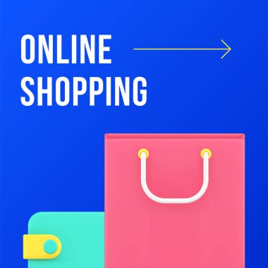 Çevrimiçi alışveriş pazarı sosyal medya hizmeti sonrası tasarım şablonu 3D gerçekçi vektör illüstrasyonu. İnternet satın alma ürünleri sipariş dükkânı süpermarket platformu teknolojisi