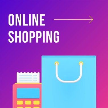 Çevrimiçi alışveriş yeri siparişi ödeme sosyal medya sonrası tasarım şablonu 3d gerçekçi vektör illüstrasyonu. Market süpermarketi ticari ticaret perakende teknolojisi satın alıyor.