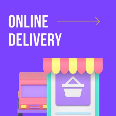 Çevrimiçi dağıtım hizmeti akıllı telefon uygulaması sosyal medya post tasarım şablonu 3d gerçekçi vektör illüstrasyonu. İnternet malları taşıma paketi posta dağıtım siparişi