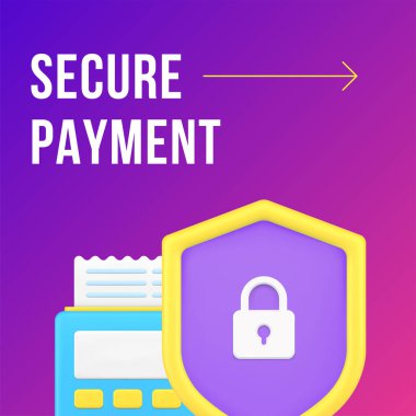 Güvenli ödeme bankacılığı finansal hizmet sosyal medya sosyal medya sonrası tasarım şablonu 3D gerçekçi vektör illüstrasyonunu garanti eder. Alışveriş koruyucu işlemler finans ödeme faturası perakende teknolojisi
