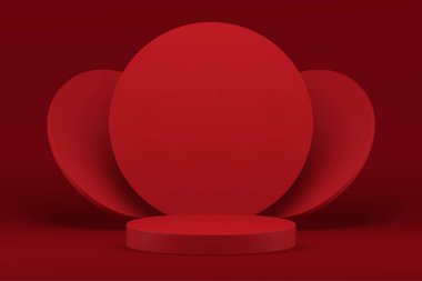 Moda ürünü ticari sunumu için kırmızı 3d podyum silindir kaidesi gerçekçi vektör illüstrasyonu. Daire duvar arkası indirimli indirimli reklam vitrini.