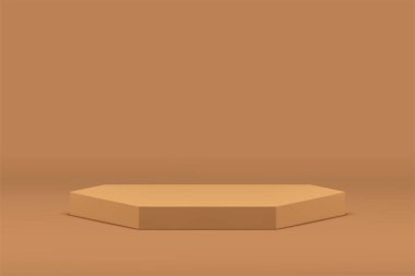 Bej 3d altıgen podyum geometrik kaidesi kozmetik ürün tanıtım vektörü illüstrasyonu için modelle. Gerçekçi pastel altıgen reklamı boş nötr sergi salonu ticari tanıtımını gösteriyor