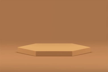 Kozmetik ürün tanıtımı için bej 3d altıgen podyum geometrik kaide modeli. Gerçekçi reklam platformu ticari reklam için tarafsız kahverengi duruşu sergiliyor